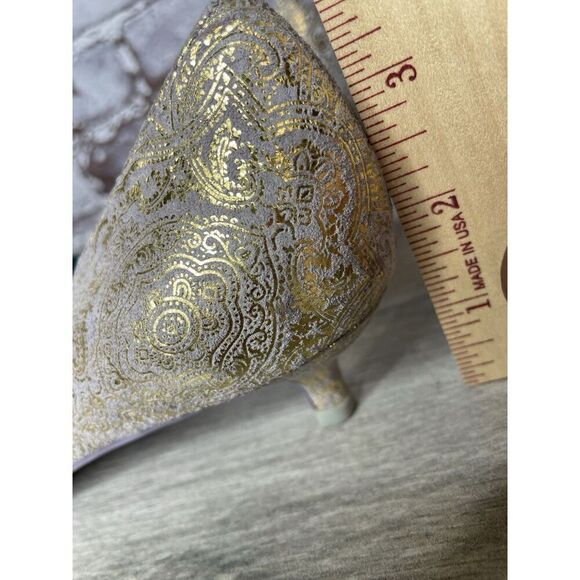 Irregular Choice Silver Suede Gold Shimmer Bridal Print Pointed Heels Women 39EU - Picture 8 of 16